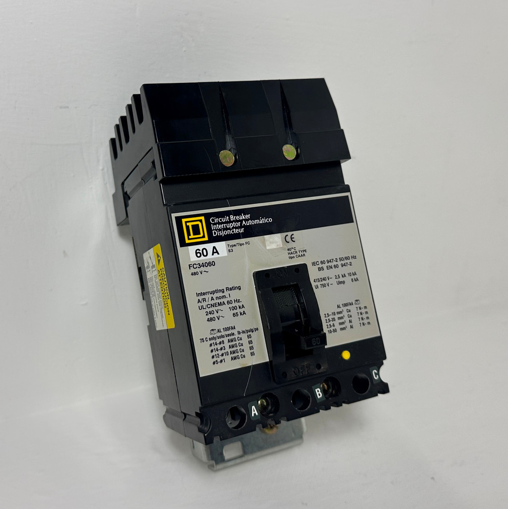 Square D I-Line FC34060 60A Circuit Breaker 480 VAC 3 Pole Type FC 60 Amp HACR (EM5101-1)