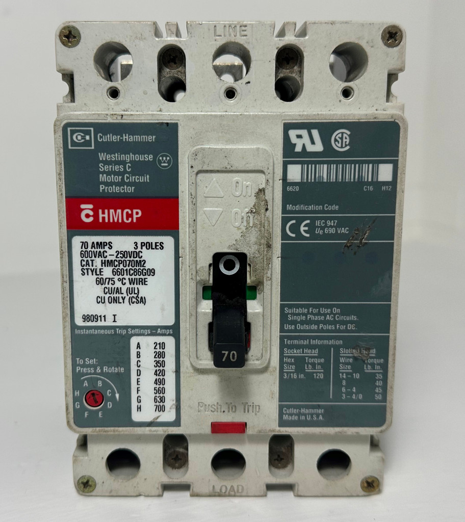 Cutler-Hammer HMCP070M2 70A Series C Circuit Breaker HMCP 480/600V 3P 70 Amp (EM5100-2)