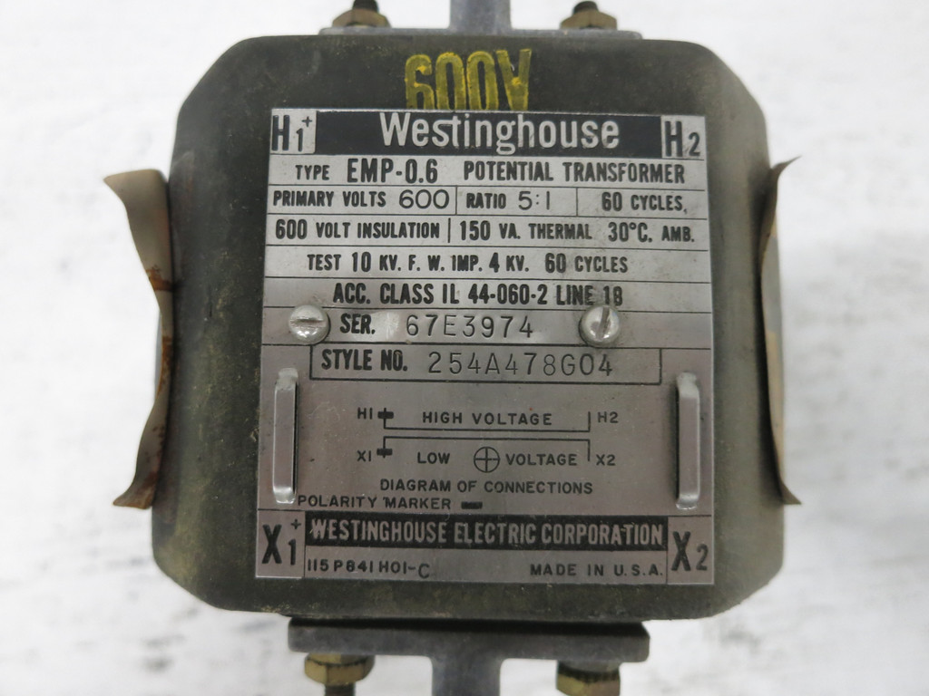 Westinghouse 254A478G04 Type EMP-0.6 Potential Transformer Ratio 5:1 600V CT PT (DW6268-2)