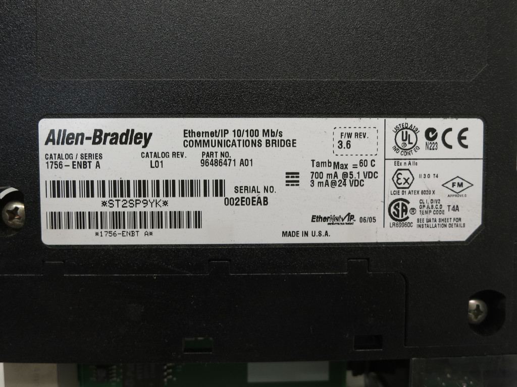 Allen Bradley 1756-ENBT Ser A Rev L01 FW 3.6 Ethernet Module ControlLogix PLC (DW6293-1)