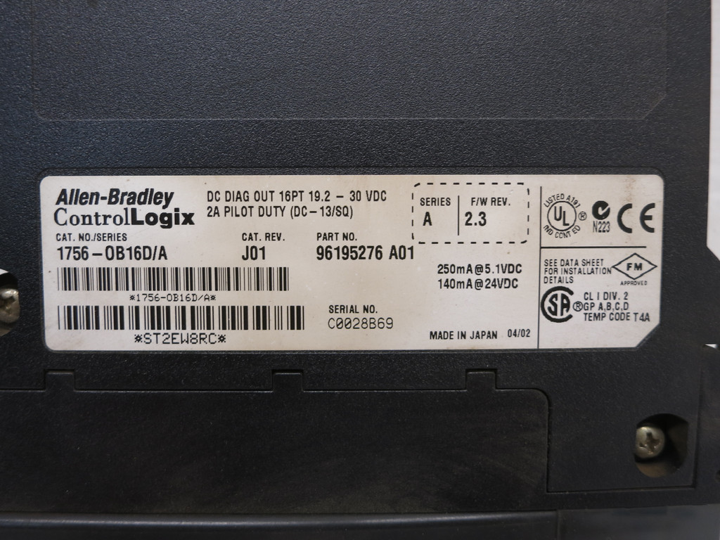 Allen Bradley 1756-OB16D Ser A Rev J01 FW 2.3 DC Output PLC Module ControlLogix (DW6295-1)