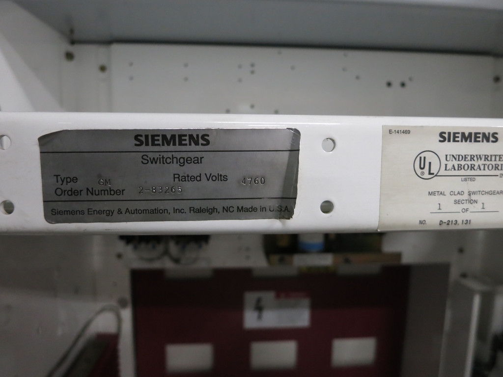 Siemens GM Switchgear 2000A 5kV Vacuum Breaker Cabinet 4.76kV 2000 Amp 5-GMI-250 (DW6314-1)