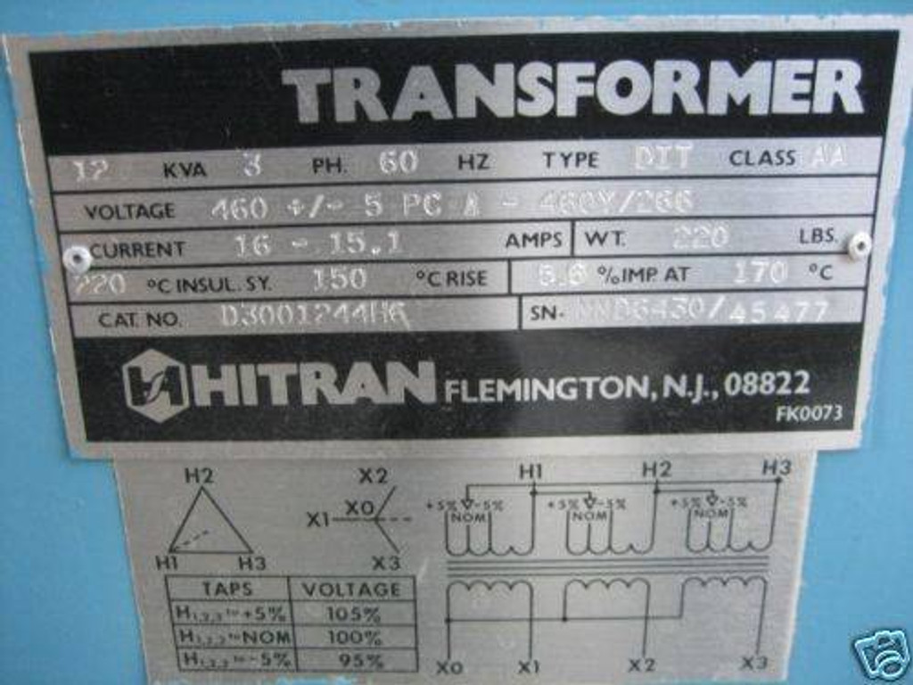 Hitran D3001244H6 12 kva 460 Delta to 460Y/266 3PH Isolation Transformer 12kVA V (EBI2390-4)