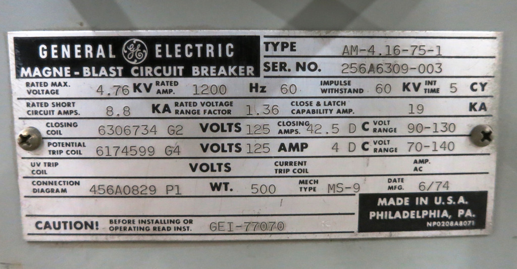 GE Magne-Blast AM-4.16-75-1 1200A 4.76KV Circuit Breaker 1200 Amp 4160 AM4.16751 (EBI1972-2)