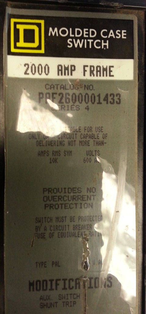 Square D PAF2600001433 2000A Switch Type PAL PAF Breaker 2-Pole 2000 Amp Shunt (EBI4559-1)