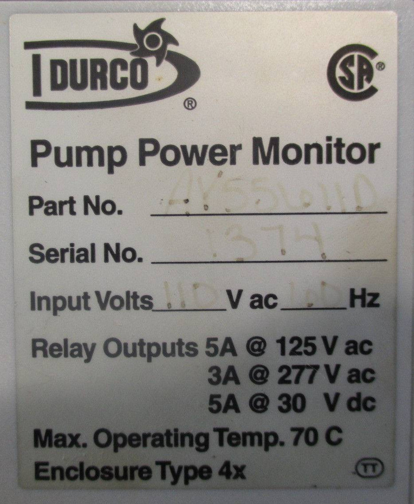 Durco Pump Power Monitor Model KW941 AY55611D 110V (EBI1203-9)