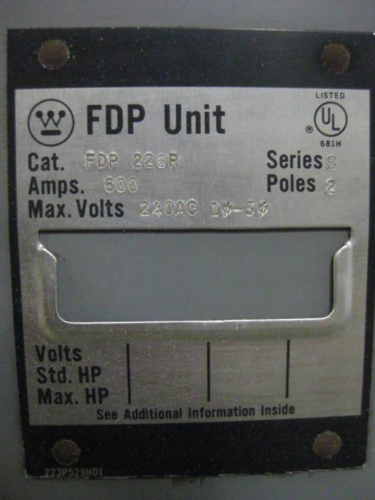 Westinghouse Panelboard Switch FDP-226R 600 Amp FDP226R 2P 2 Pole (EBI5243-2)