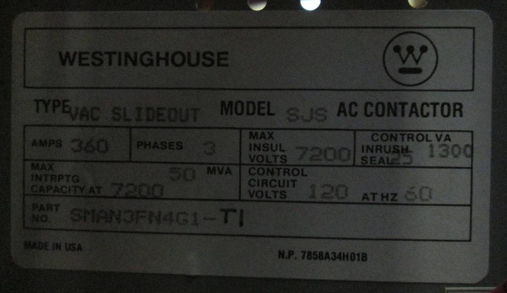 Westinghouse SJS VAC Slideout 360A 7200V Vacuum AC Contactor CH SMAN3FN4G1-T1 (EBI5290-2)