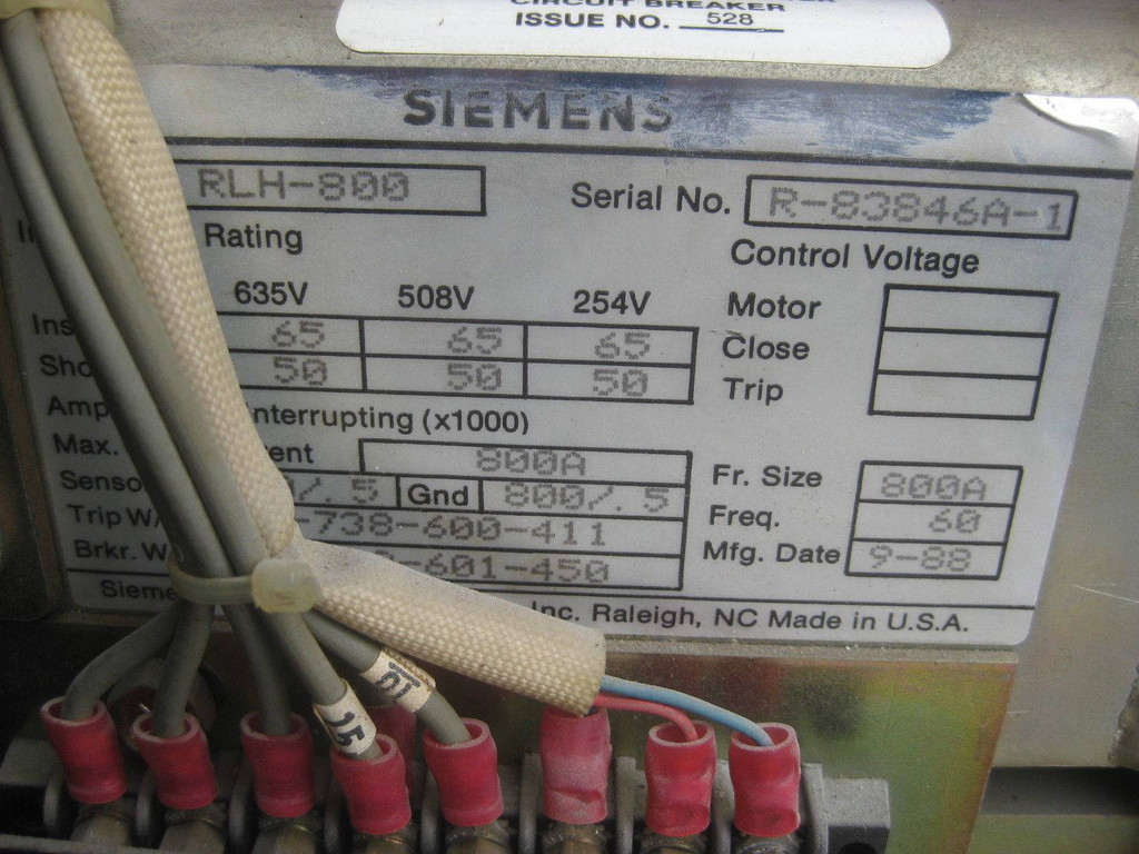 Siemens RLH-800 800A Frame/Sensor Breaker 800 A Static Trip III RMSTSGTZ RLH800 (EBI3889-2)