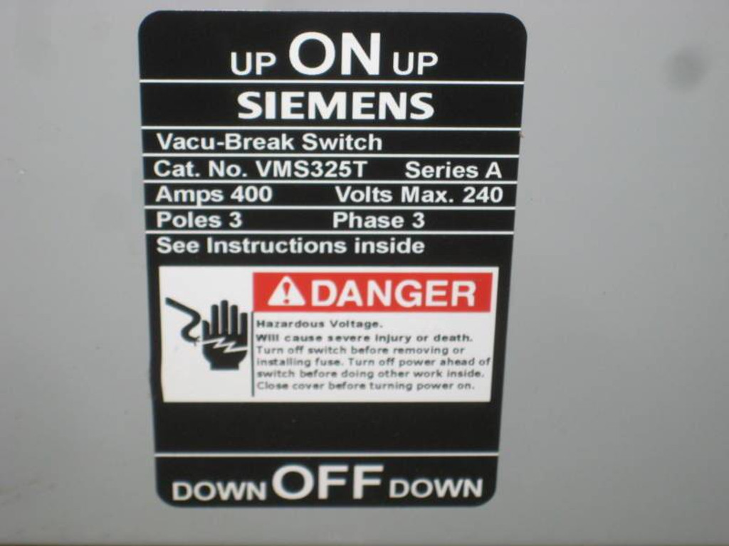 Siemens/ITE VMS325T 400 Amp 240V Panelboard Switch VMS325-T 400A Vacu Break (EBI3823-3)