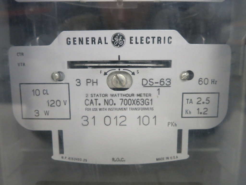 General Electric 700X63G1 2 Stator Watthour Meter 3 PH DS-63 Relay GE Watt Hour (TK0018-9)