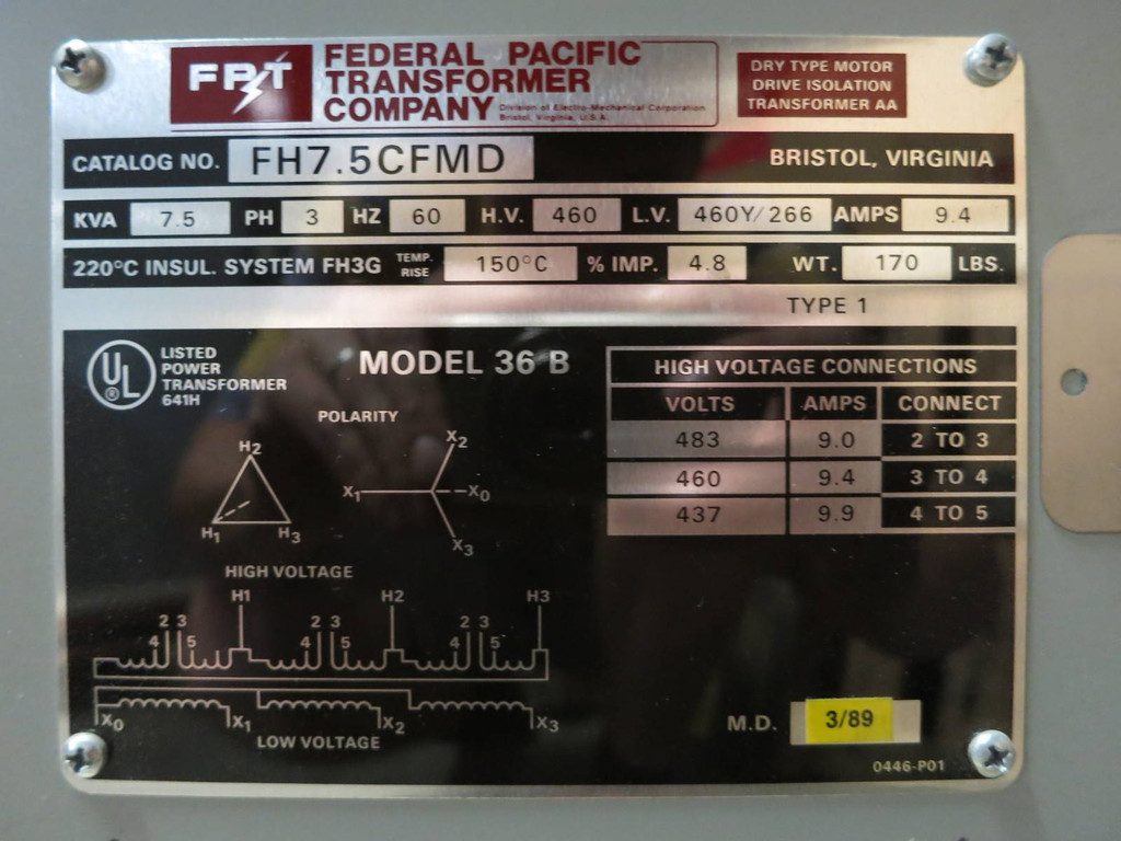 Federal Pacific 7.5 KVA 460 to 460Y/266 3PH Isolation Transformer FH7.5CFMD FPT (PM0174-3)