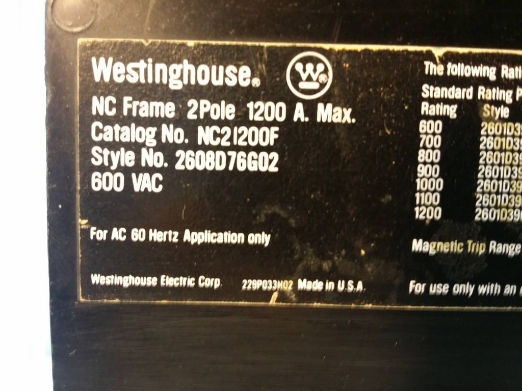 Westinghouse NC21200F 1200 Amp 2 Pole Circuit Breaker w/ 1000A Plug 2P 600V (EM0143-1)
