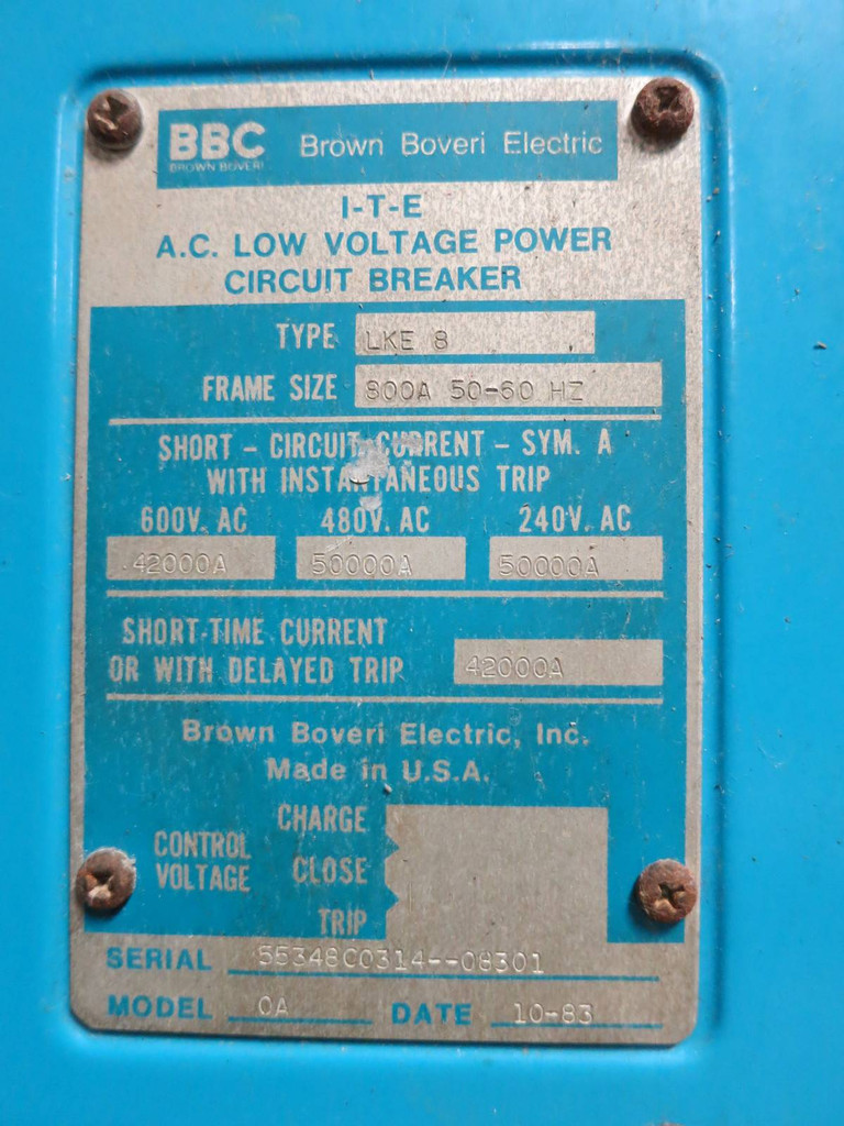 BBC LKE-8 800A Breaker /w LSIG Siemens Westrip RMS-2000 2KLSIG-2A Gould ABB LKE8 (PM0261-2)
