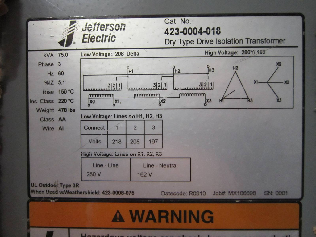 NEW Jefferson 75 kVA 208 Delta 280Y/152 423-0004-018 Drive Isolation Transformer (PM0532-1)