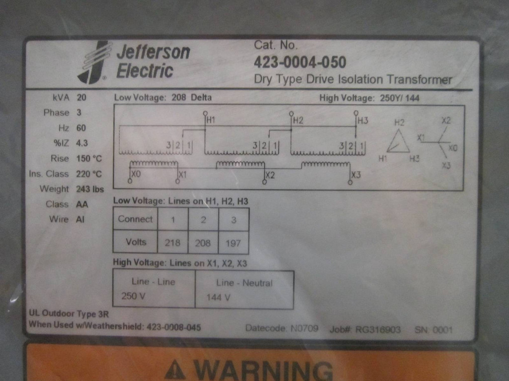 NEW Jefferson 20 kVA 208 Delta 250Y/144 423-0004-050 Drive Isolation Transformer (PM0537-1)