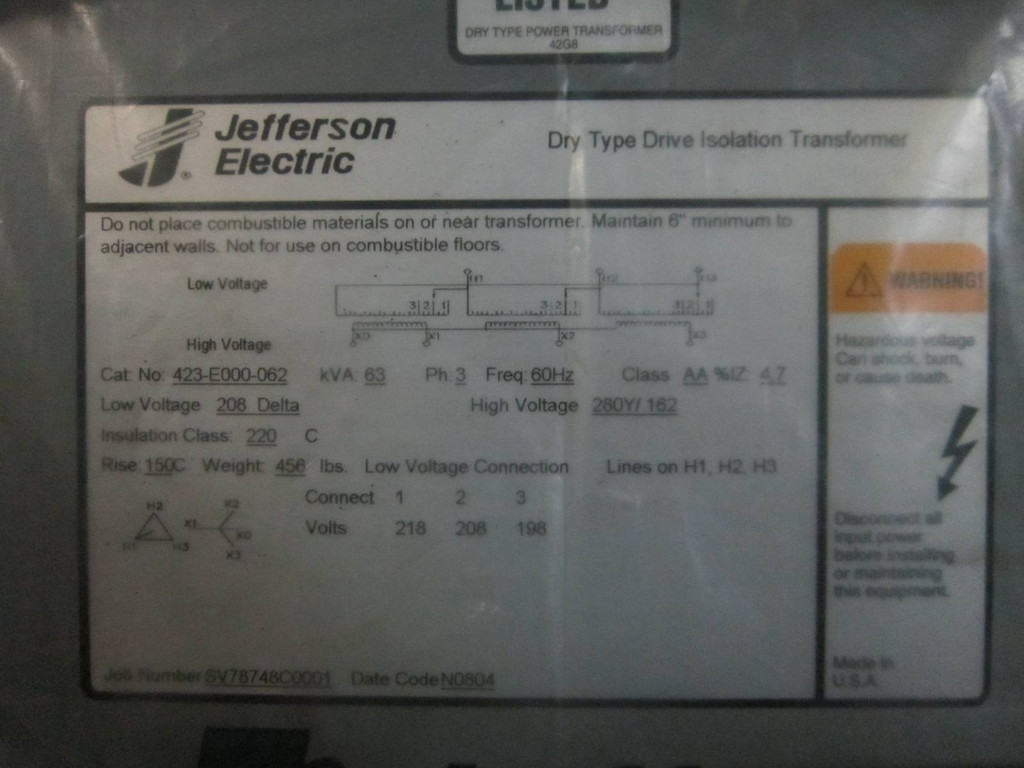 NEW Jefferson 63 kVA 208 Delta 280Y/162 423-E000-062 Drive Isolation Transformer (PM0544-1)