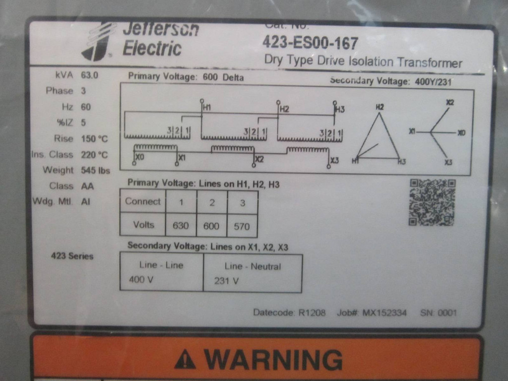 NEW Jefferson 63 kVA 600 Delta 400Y/231 423-ES00-167 Drive Isolation Transformer (PM0555-3)