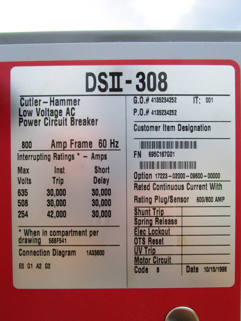 Cutler-Hammer DS II-308 800A w 600A RP LSIG Digitrip Breaker Westinghouse DSII 2 (NP0300-3)