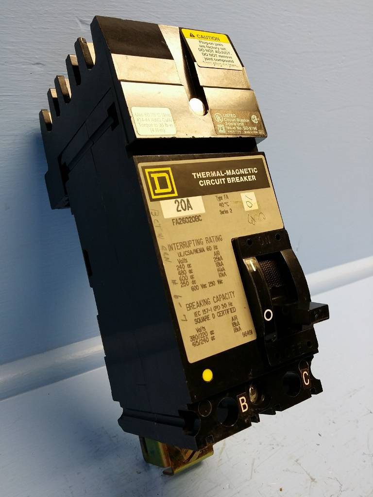 Square D I-Line FA26020BC 20A Circuit Breaker 480/600V 2 Pole Type FA 20 Amp (EM0417-1)