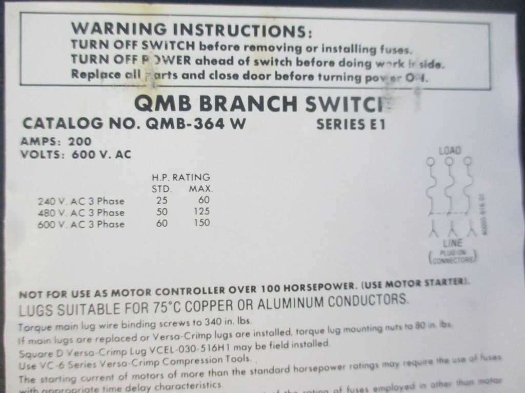 Square D QMB-364W 200 Amp 600 V QMB Fusible Branch Switch E1 Series QMB364W 200A (TK0284-2)