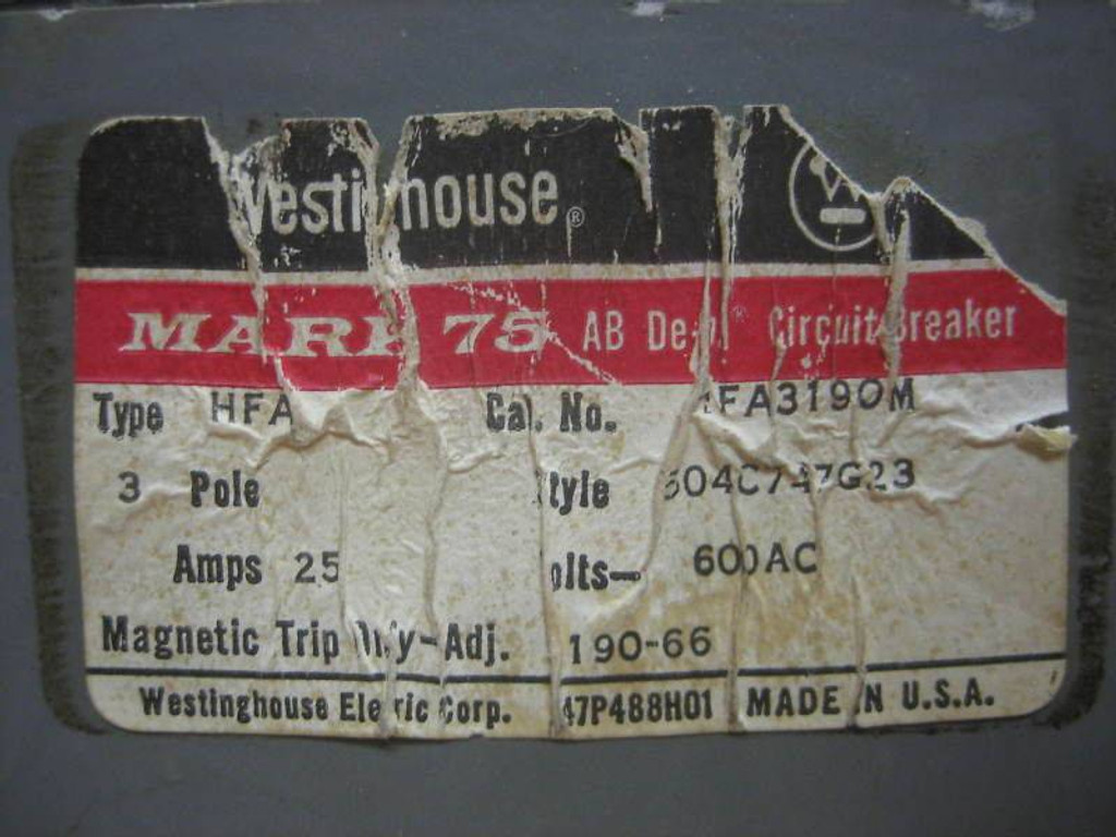 Westinghouse Breaker HFA HFA3190M 25Amp A 25A Amp 25 (EBI5002-1)