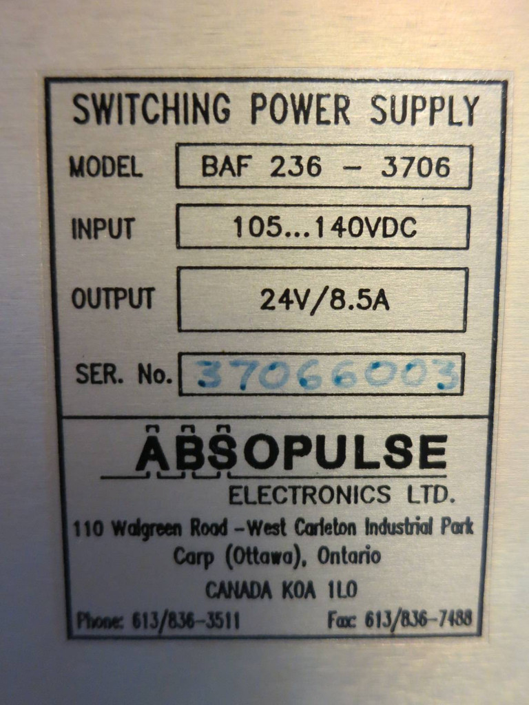 ABSOPULSE BAF 236-3706 Switching Power Supply In:105...115VAC Out:24VDC/8.5A PLC (PM0684-4)