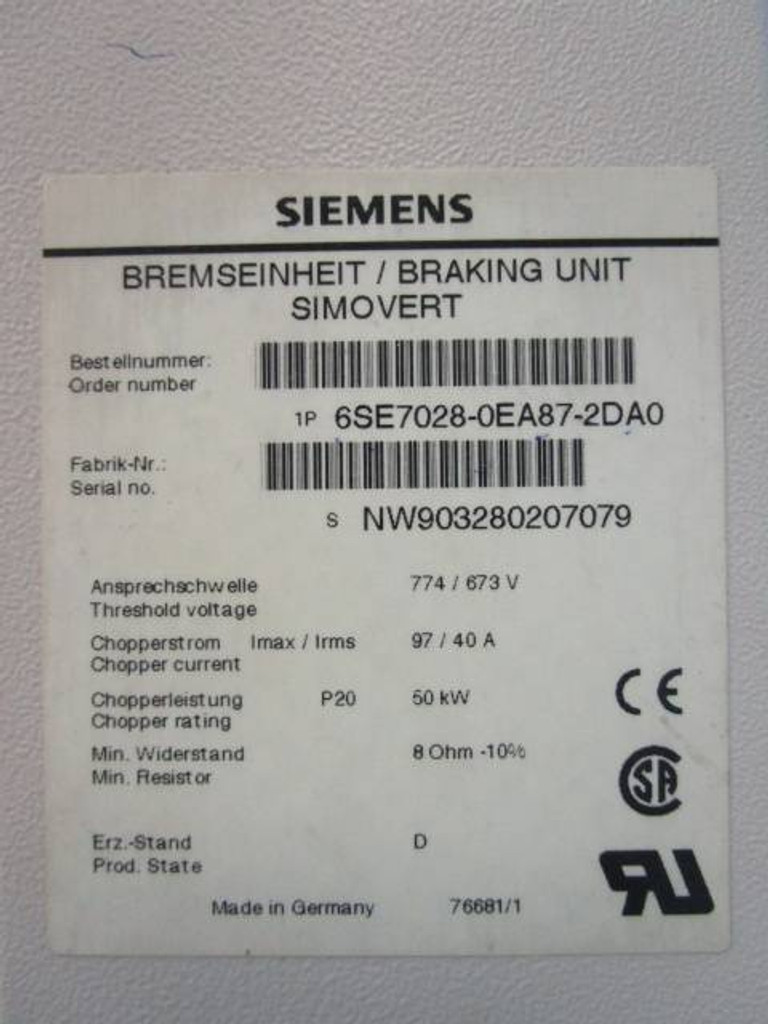 Siemens 6SE7018-0EA87-2DA0 DC Braking Unit SimoVert Drive 6SE70180ES872DA0 Chop (NP0467-3)