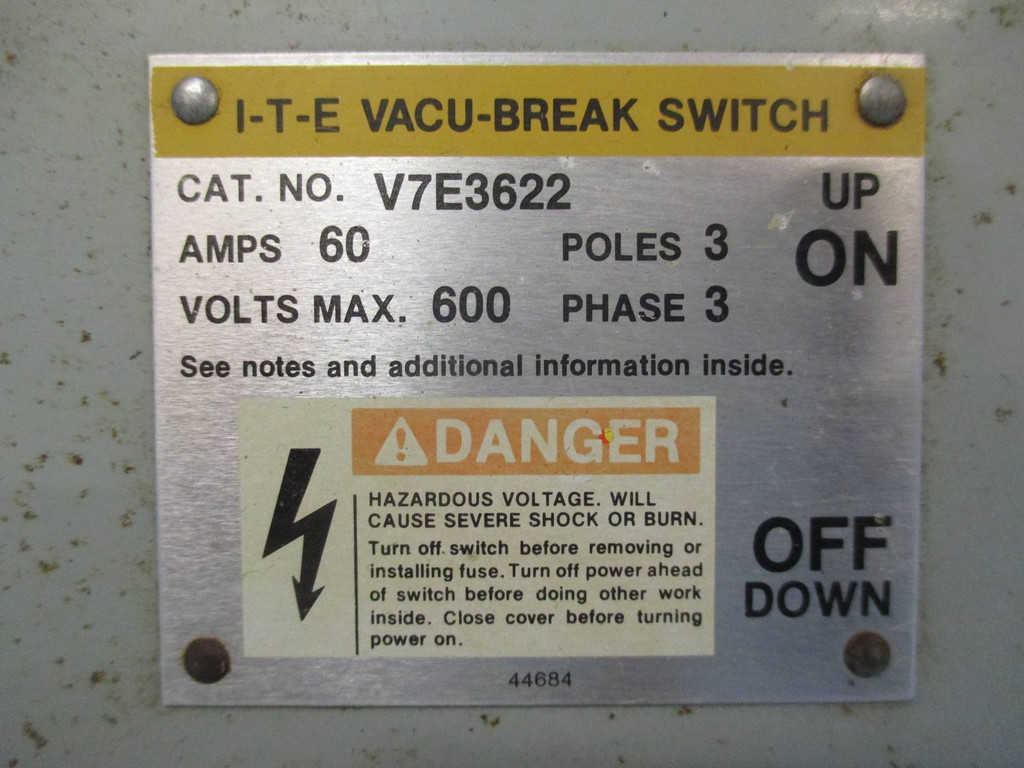 ITE Gould 60 Amp 600V V7E3622 Fusible Panelboard Switch w/ Hardware V7E3622R 60A (TK0422-10)