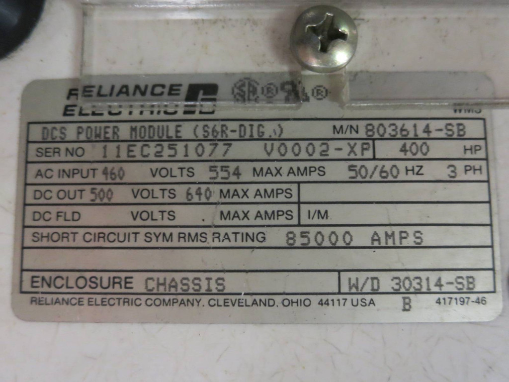 Reliance Electric DCS Power Module 803614-SB 400HP Output: 500VDC 640A 30314-SB (PM0989-2)