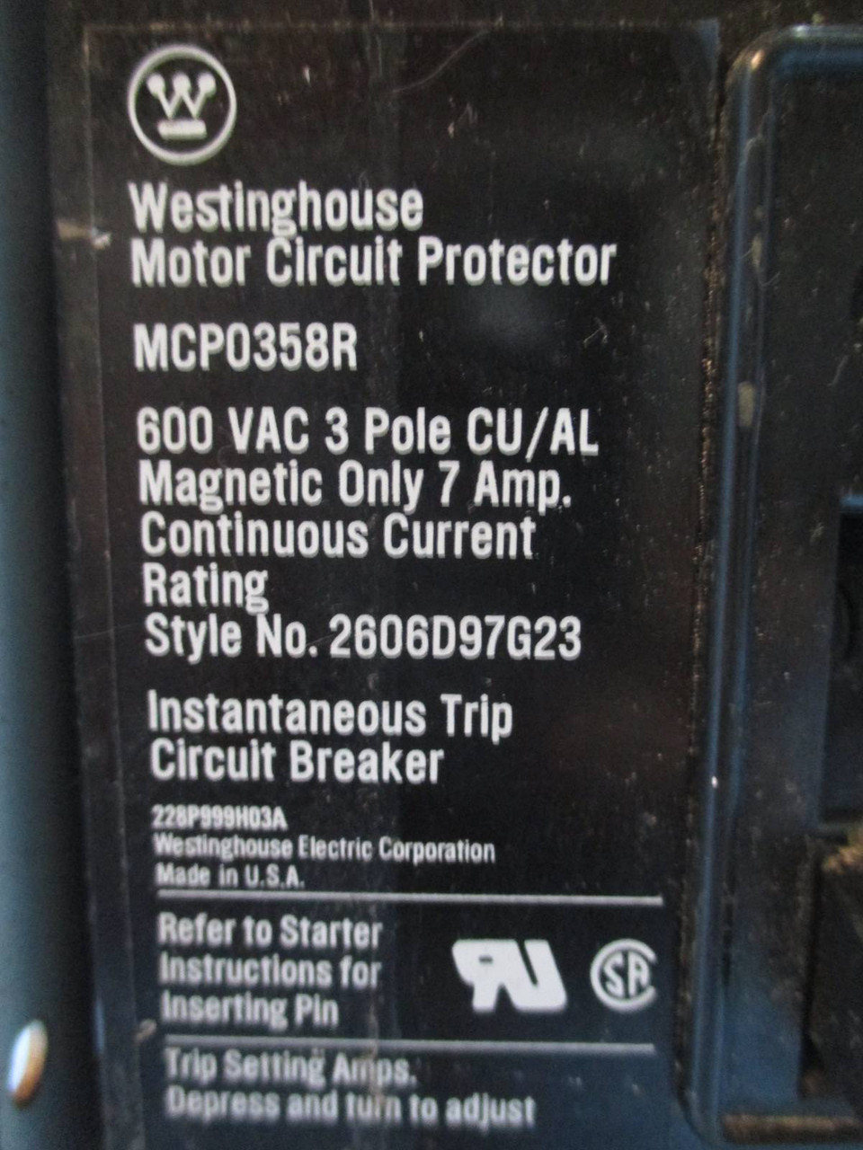 Westinghouse Type W Size 1 Starter 7 Amp Breaker Motor Control Center Bucket 12" (TK0891-5)
