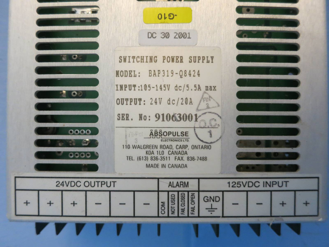 Absopulse BAP319-Q8424 In:105-145V dc/5.5A Out:24V dc/20A Switching Power Supply (PM1573-2)