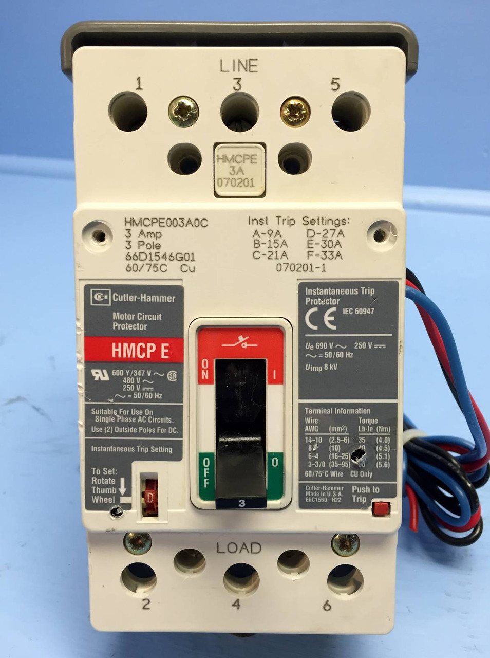 Cutler Hammer HMCPE003A0C 3 Amp Circuit Breaker w/ Aux HMCP E Westinghouse 3A (EM1080-1)