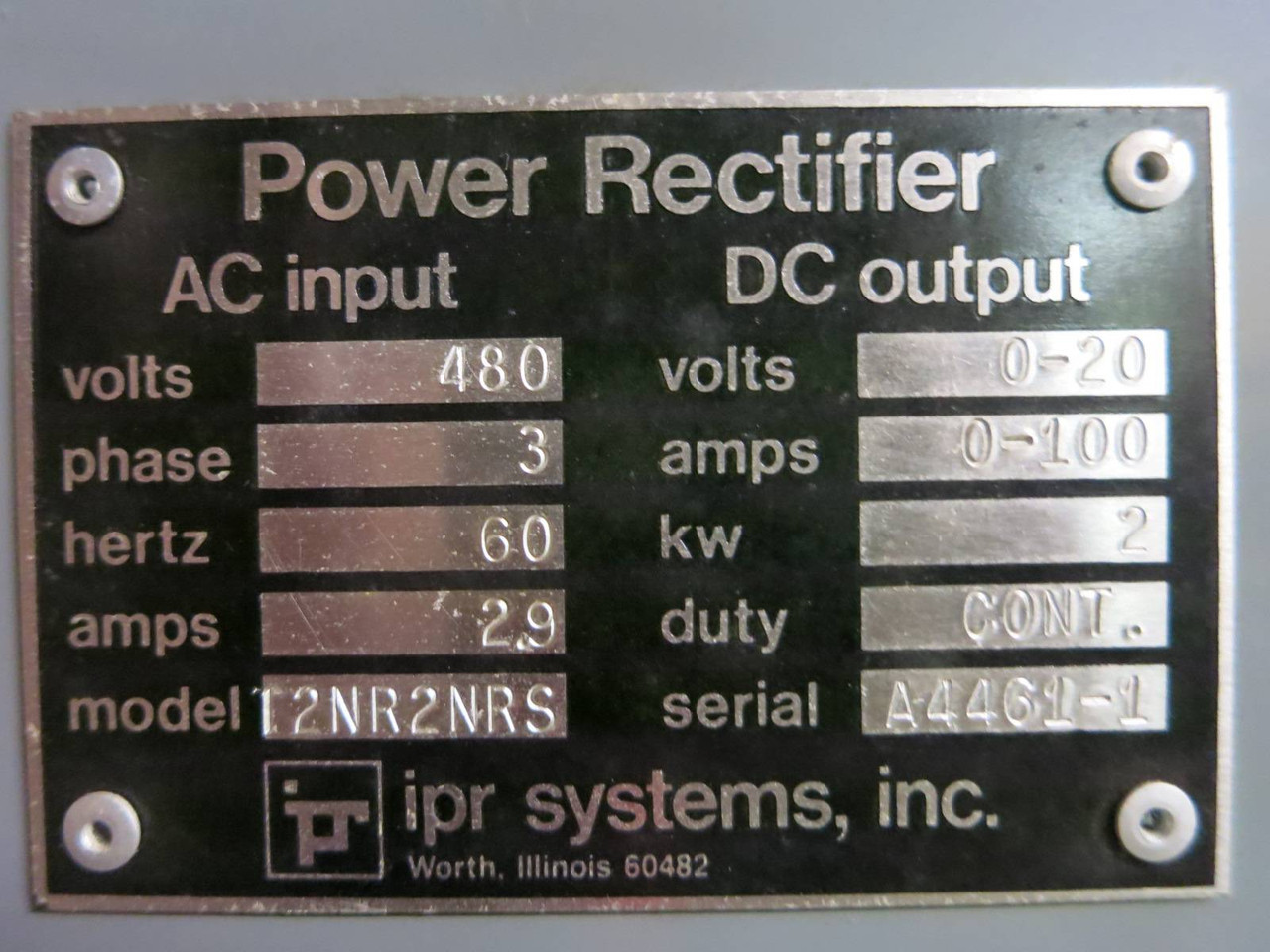 IPR Systems AC In: 480V 3PH 60Hz 29A - DC Out: 0-20V 0-100A 2kW Power Rectifier (PM1603-1)
