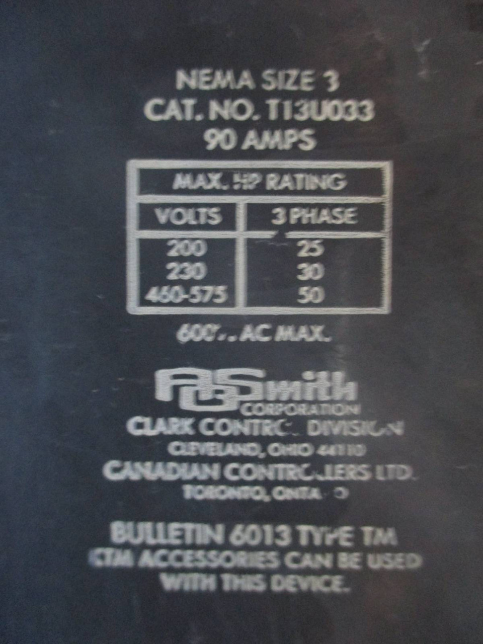 Clark A O Smith T13U033 Size 3 Motor Starter Type TM Sz3 120V Coil 90 Amp 50 Hp (TK1197-1)