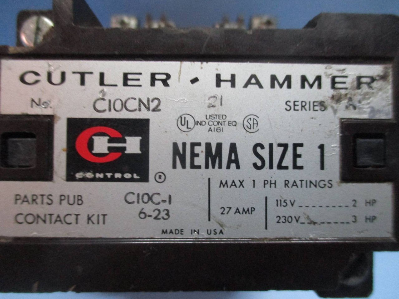 Cutler Hammer C10CN2 Size 1 Motor Contactor 120V Coil 27 Amp 3 HP Sz1 Series A1 (TK1202-8)