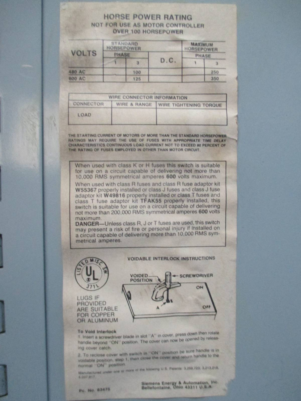 Siemens VMS365T w Hardware 400 Amp 600V Fusible ITE Vacu-Break Panelboard Switch (TK1250-1)