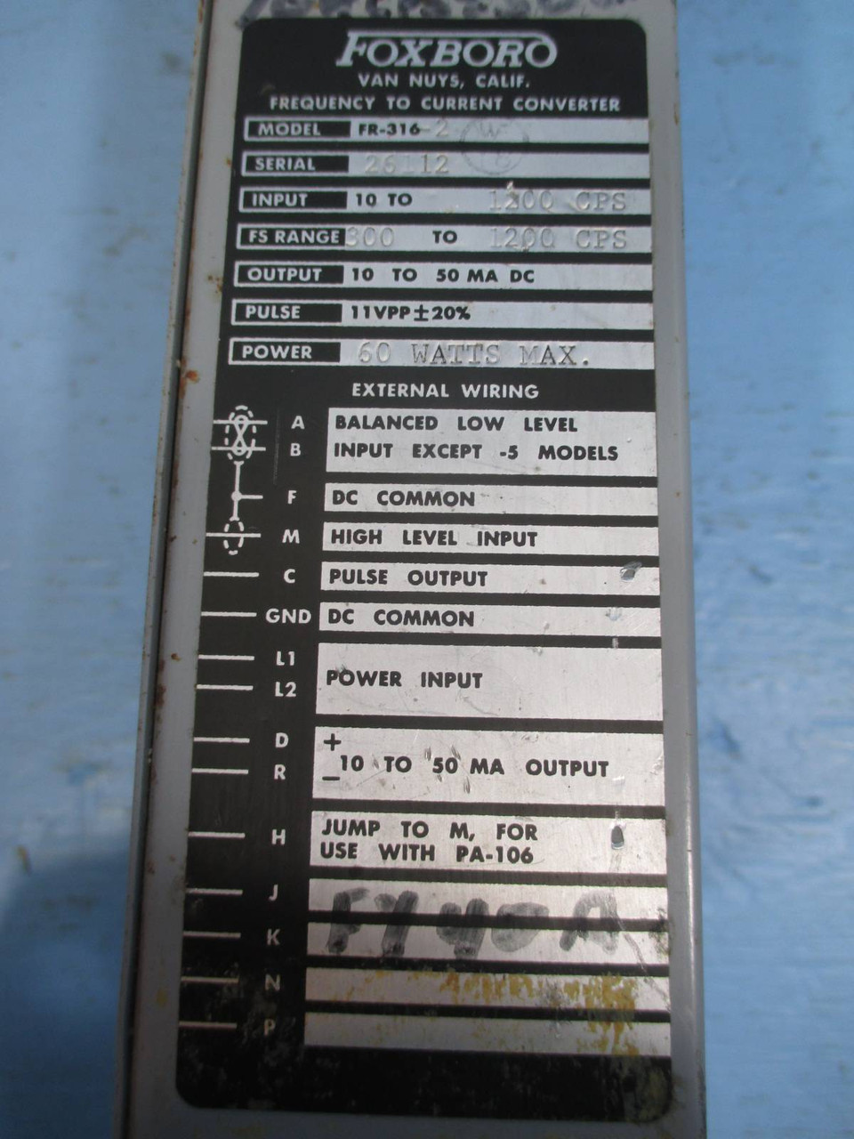 Foxboro FR-316-2 Frequency to Current Converter FR-316 60W (TK1356-2)
