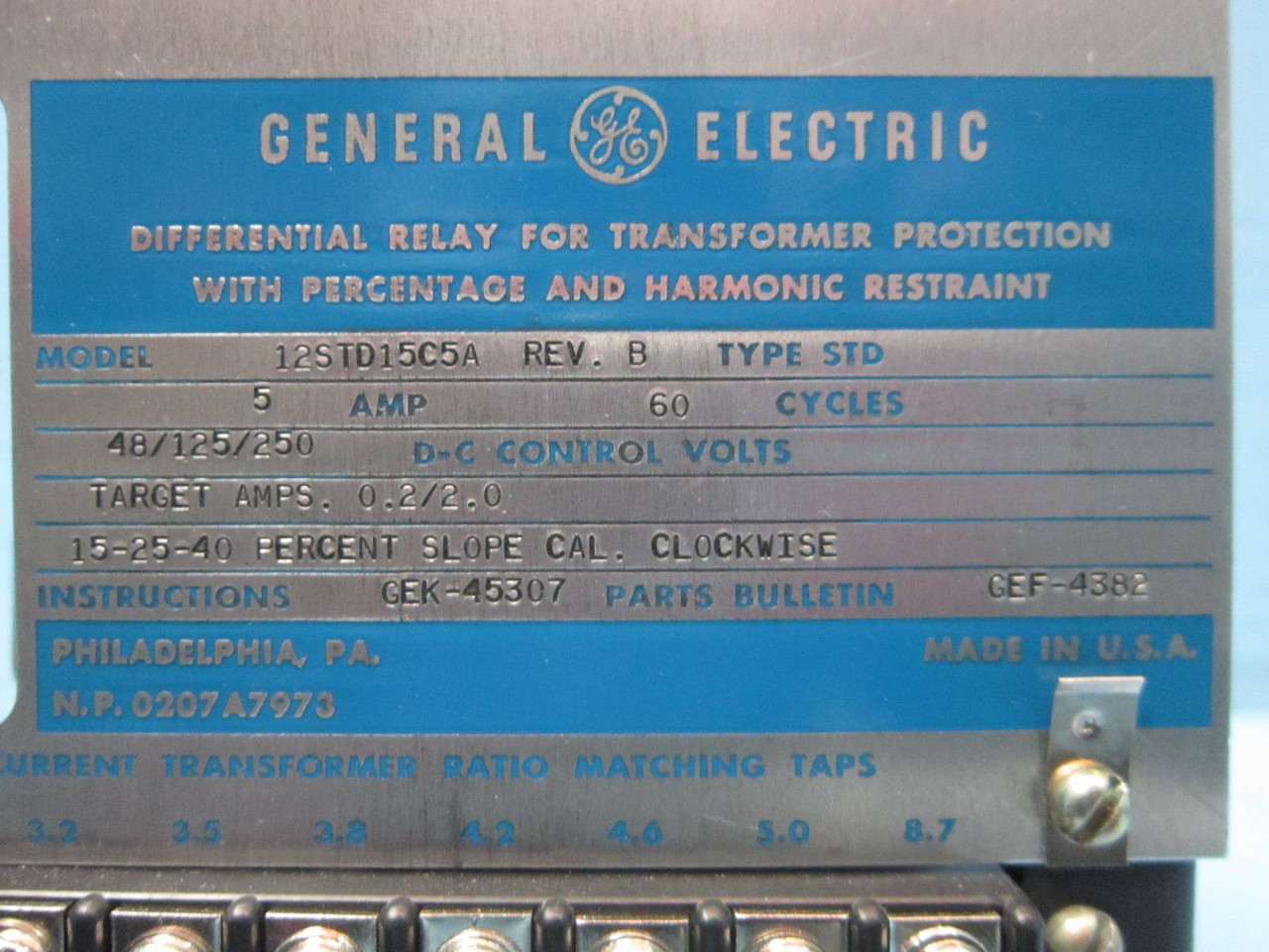 GE 12STD15C5A Rev B Differential Relay Transformer Protection Relay Type STD 5A (NP0988-6)
