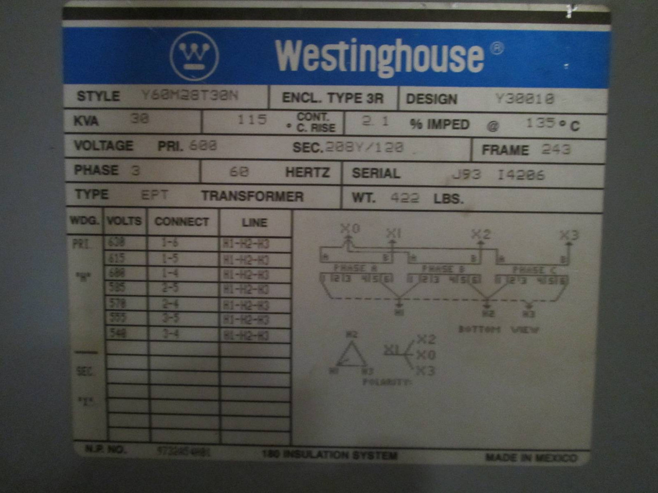 Westinghouse 30 kVA 600 Delta to 208Y/120 in 3R Encl. 3PH Transformer Y60M28T30N (PM1701-5)