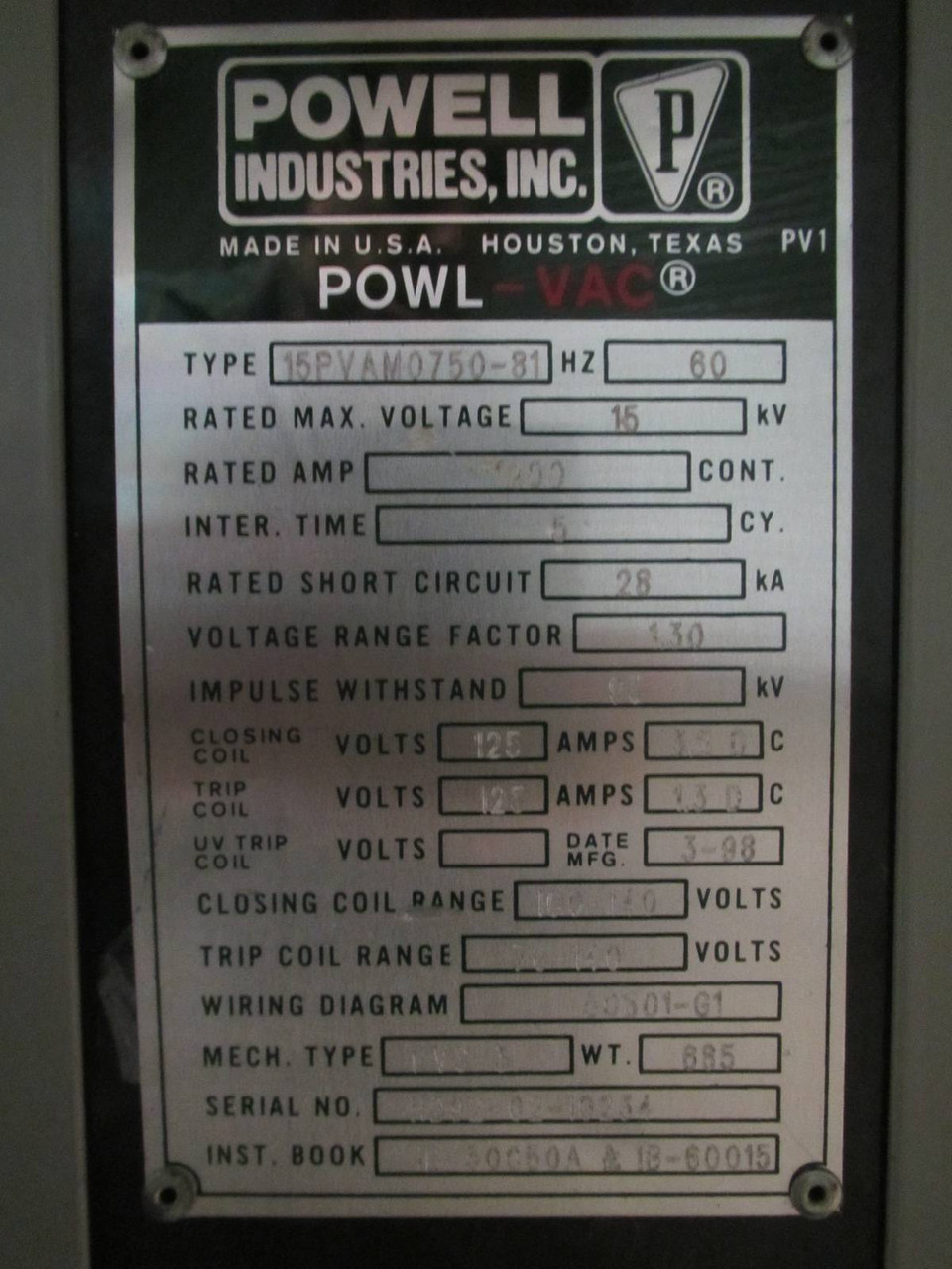 Powell 15PVAM0750-81 1200A 15 kV Powl-Vac Vacuum Breaker 1200 Amp PowlVac 15PV (PM1726-1)