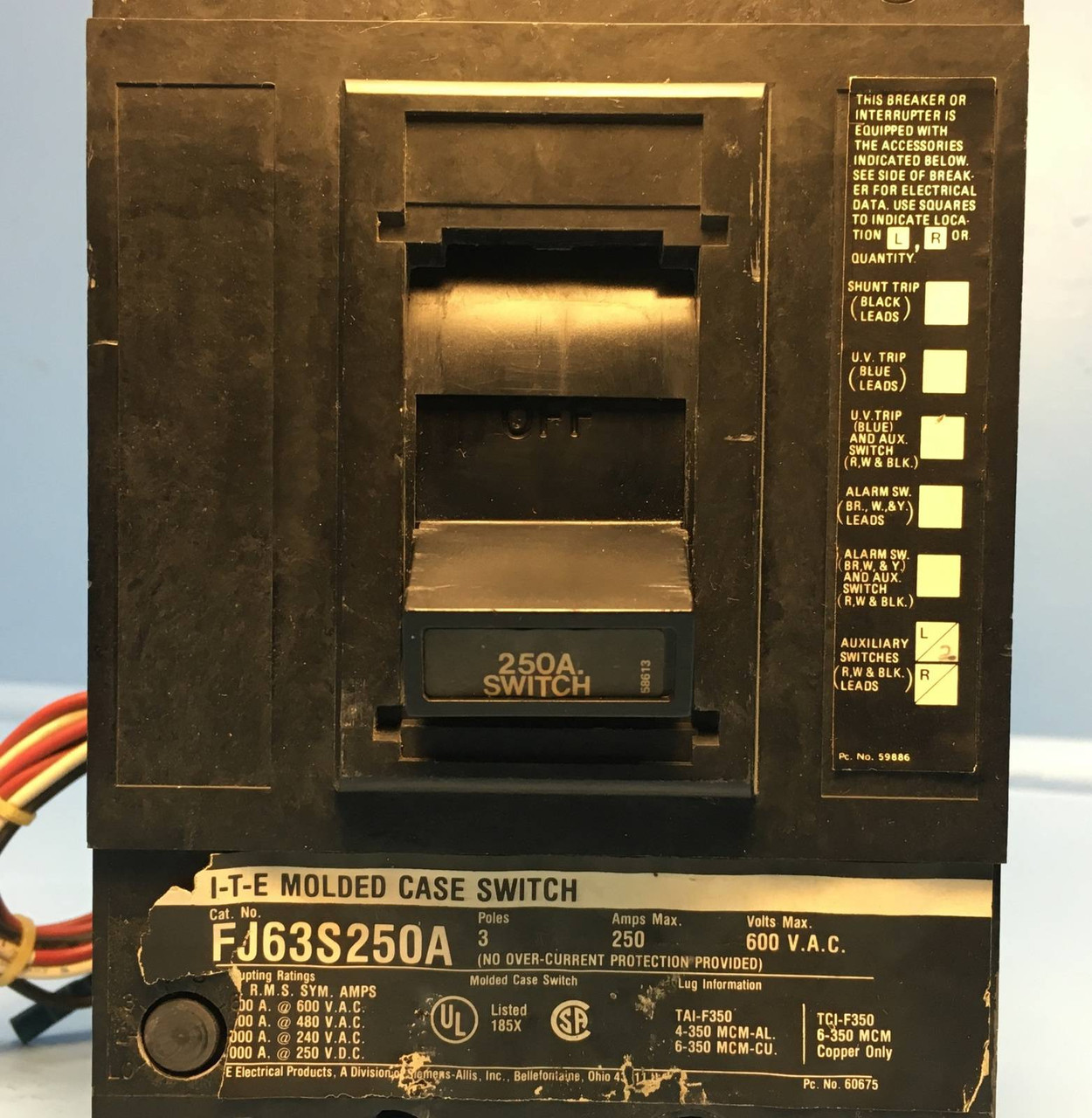 I-T-E Siemens FJ63S250A 250A Molded Case Switch Breaker 600V w/ Aux ITE 250 Amp (EM1188-1)