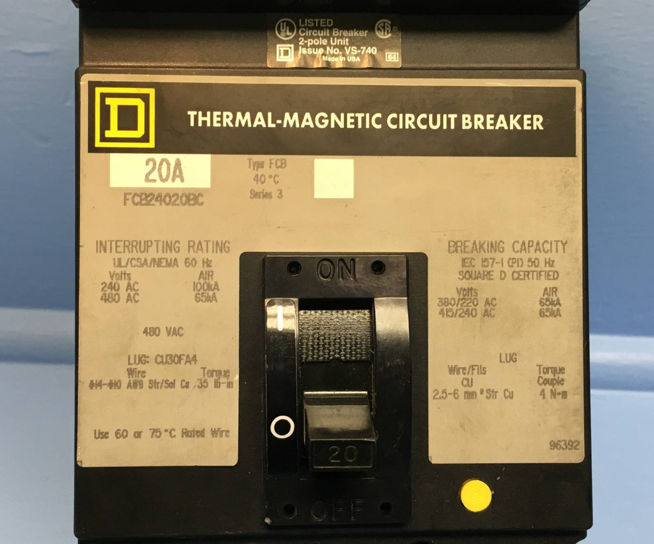 Square D I-Line FCB24020BC 20A Circuit Breaker S3 480V FCB FCB24020 ILine 20 Amp (EM1211-4)