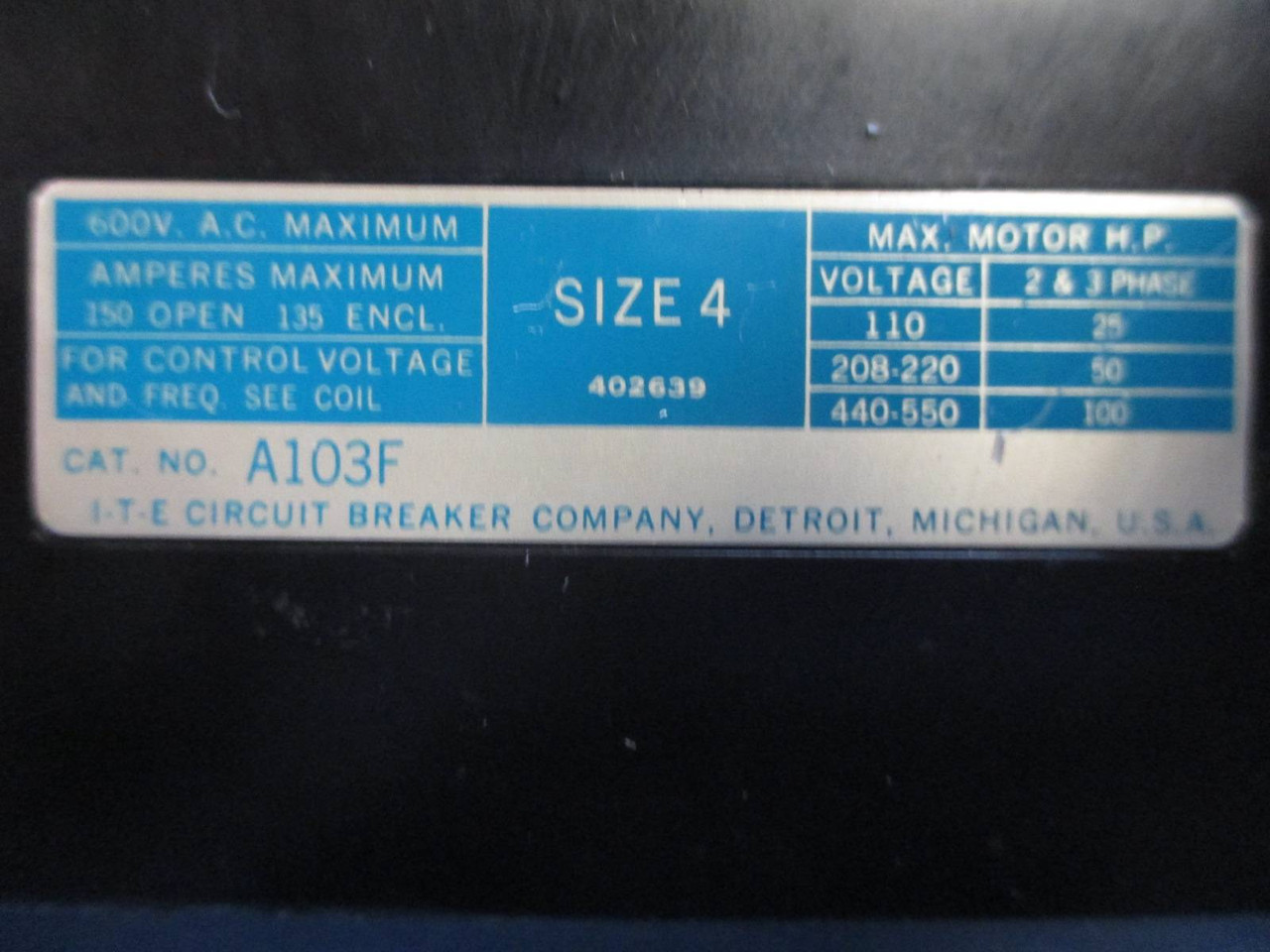 ITE Gould 9600 Size 4 Starter 300 Amp Fusible 36" MCC Bucket I-T-E Sz4 300A MCCB (TK1402-7)
