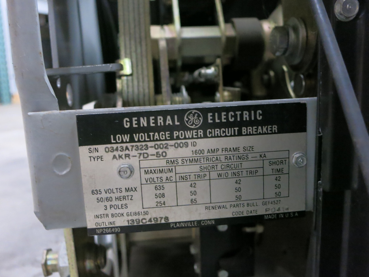 GE AKR-7D-50 1600A Air Breaker TS20LSIGT2X RMS-9 Trip 1200A RP LSIG 1600/1200 MO (PM1754-11)