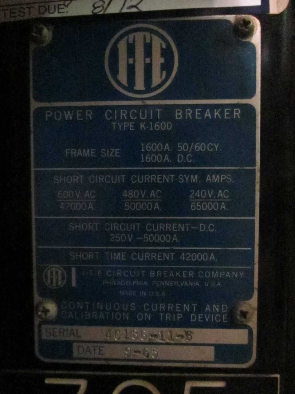 I-T-E K-1600 1600A Retrofit Breaker MicroVersaTrip Plus AKO50C3F1607 w 800A ITE (PM1760-1)