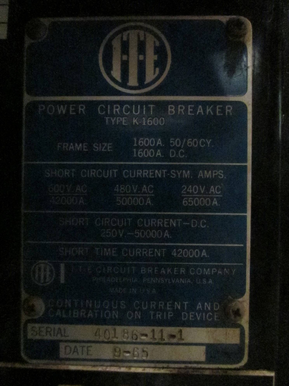 I-T-E K-1600 1600A Retrofit MicroVersaTrip Plus AIK1BC3F1602 w 800A RP Gould ITE (PM1761-1)