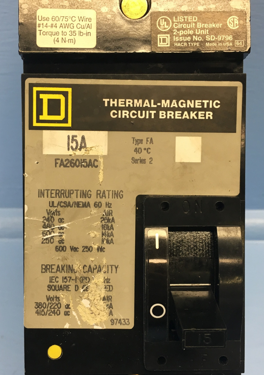 Square D I-Line FA26015AC 15A Circuit Breaker 480/600V 2 Pole Type FA 15 Amp (EM1262-1)