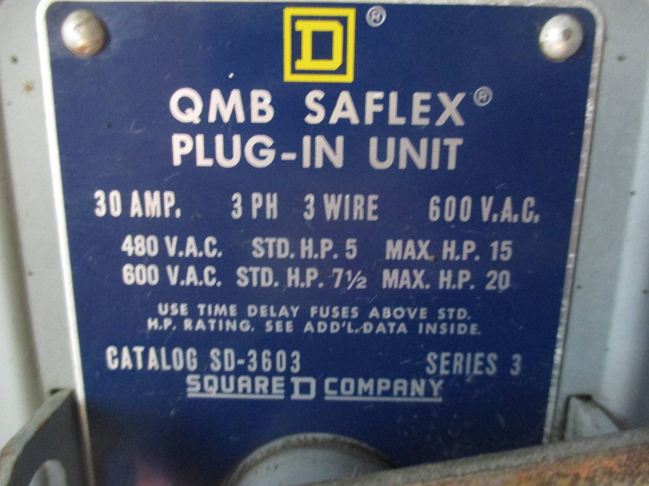 Square D SD-3603 QMB Saflex Plug-In Unit 30 Amp 600V 3P 3W Fusible Bus Plug 30A (TK1486-63)