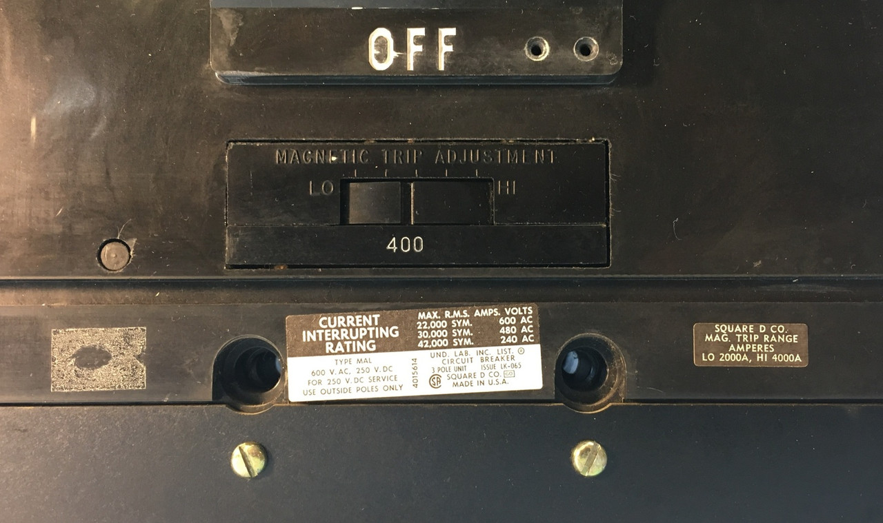 Square D MAF364001021 400A Circuit Breaker w/ Shunt 600V MAL MAF36400 400 Amp (EM1283-3)